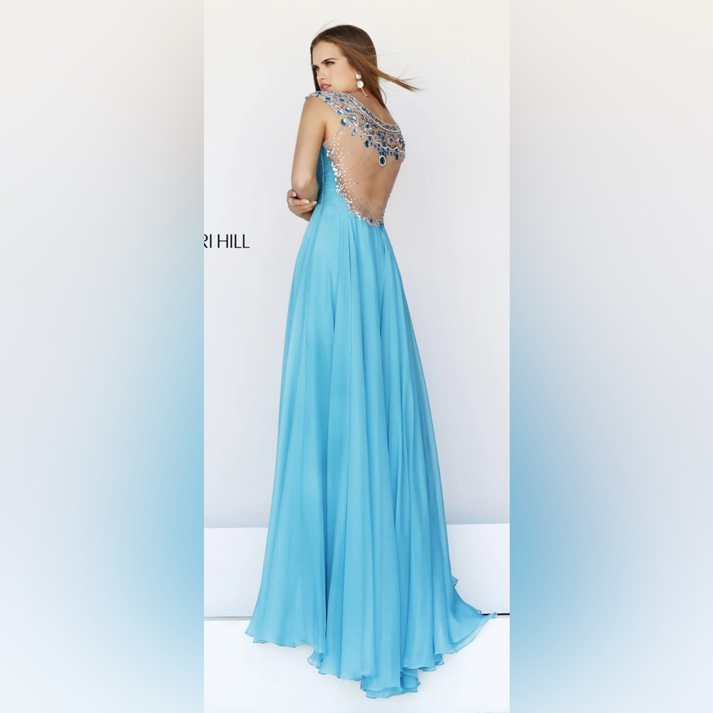 122 Sherri Hill Blue Backless Gown with Embellishments